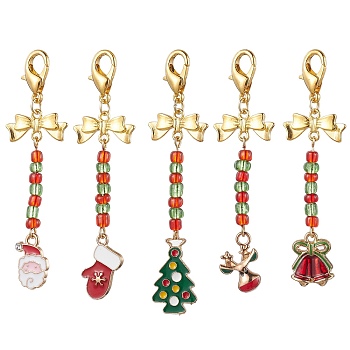 Christmas Theme Alloy Enamel Pendant Decorations, Glass Seed Beaded and Zinc Alloy Lobster Claw Clasps Charms, Mixed Shapes, Light Gold, 70~78mm