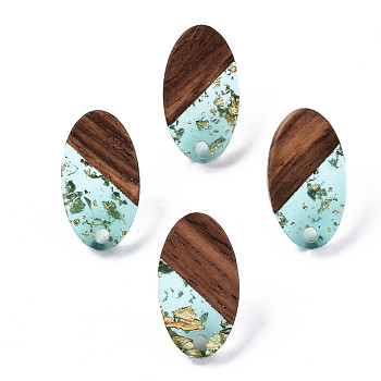 Transparent Resin & Walnut Wood Stud Earring Findings, with 304 Stainless Steel Pin and Gold Foil, Oval, Pale Turquoise, 20x11mm, Hole: 1.8mm, Pin: 0.7mm