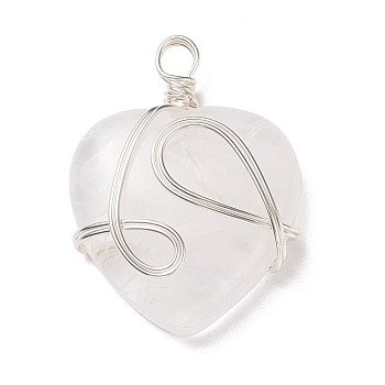 Natural Quartz Crystal Pendants, Rock Crystal Pendants, with Silver Tone Copper Wire Wrapped, Heart, 39~41x30~30.5x8.5~9.5mm, Hole: 4~4.2mm