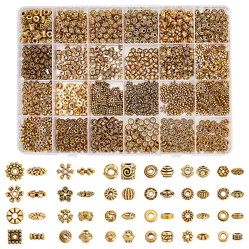 Elite 1200Pcs 24 Styles Tibetan Style Alloy Beads Sets, Rondelle & Donut & Column, Mixed Shapes, Antique Golden, 5~9x2~6.5mm, Hole: 1~2.5mm, 50pcs/style