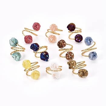 Adjustable Natural Druzy Agate Finger Rings, with Brass Findings, Golden, Mixed Color, 17~20mm