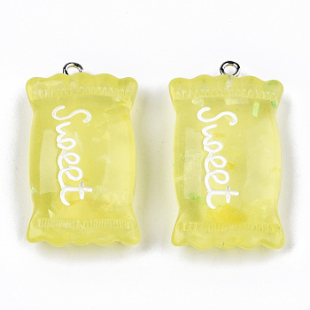 Transparent Resin Pendants, with Paillette & Platinum Tone Iron Peg Bail, Candy with Word Sweet, Yellow, 37x20.5x9.5mm, Hole: 2mm