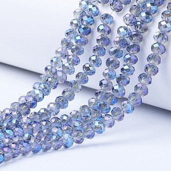 Electroplate Transparent Glass Beads Strands, Full Rainbow Plated, Faceted, Rondelle, Cornflower Blue, 6x5mm, Hole: 1mm, about 85~88pcs/strand, 16.1~16.5 inch(41~42cm)