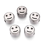 304 Stainless Steel European Style Large Hole Beads, Flat Round with Smiling Face, Antique Silver, 11x8~8.5mm, Hole: 4.5~5mm(STAS-T072-103AS)
