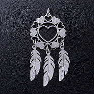 201 Stainless Steel Pendants, with Jump Rings, Woven Net/Web with Feather, Stainless Steel Color, 44x20x1mm, Hole: 3mm, Ring: 5x0.8mm(STAS-S105-JN350-1)