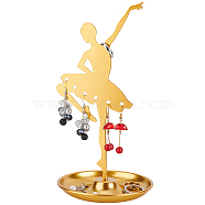 Dancer Iron Earring Display Stands with Round Tray, Earring Organizer Holder Ornament, Golden, 10.8x10.8x21.5cm(EDIS-WH0016-019B)