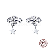 Rhodium Plated 925 Sterling Silver Micro Pave Cubic Zirconia Ear Studs for Women, Star Dangle Earrings with S925 Stamp, Real Platinum Plated, 9x8.5mm(EJEW-P231-97P)