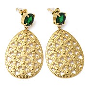 Ion Plating(IP) 304 Stainless Steel Teardrop Dangle Stud Earrings, with Green Glass, Real 18K Gold Plated, 51x27mm(EJEW-K269-09G)