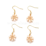 Brass Flower-shaped Dangle Earrings, with Natural Pearl, Long-Lasting Plated, Real 18K Gold Plated, 36mm, Pin: 0.8mm(EJEW-D275-01G)