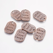 Tibetan Style Alloy Flat Oval Carved Affirmation Word Live Love Laugh Pendants, Cadmium Free & Nickel Free & Lead Free, Red Copper, 26x17.5x1mm, Hole: 3mm(TIBEP-22066-R-NR)