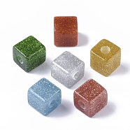 Resin European Beads, with Silver Powder, Large Hole Beads, Glitter Beads, Cube, Mixed Color, 16x16x16mm, Hole: 6mm(RESI-S377-38)