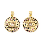 Brass Micro Pave Cubic Zirconia Pendants, Real 18K Gold Plated Star of David Charms, Colorful, 21.5x19x3mm, Hole: 5x3.5mm(KK-E108-26G)