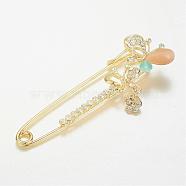 Alloy Glass Rhinestone Brooches, with Cat Eye, Butterfly, Golden, 73x25mm, Pin: 1.8mm(JEWB-G001-02)