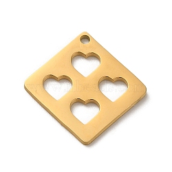 304 Stainless Steel Pendants, Laser Cut, Rhombus with Heart Charm, Real 18K Gold Plated, 17x17x1mm, Hole: 1.2mm(STAS-O005-19G)