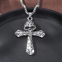 Tibetan Style Zinc Alloy Viking Pendant Necklaces, 304 Stainless Steel Chain for Men, Antique Silver & Stainless Steel Color, Cross, 23.82 inch(60.5cm)(NJEW-Z062-01AS-01)