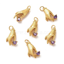 Brass Micro Pave Lilac Cubic Zirconia Pendants, Long-Lasting Plated, Hand, Real 18K Gold Plated, 20.5x11x5mm, Hole: 4mm(X-ZIRC-P086-20G)