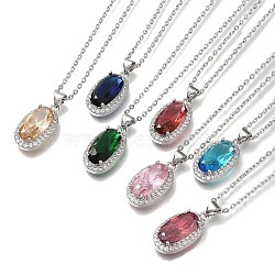 304 Stainless Steel Cable Chain Necklaces, Brass Clear Cubic Zirconia Oval Pendant Necklaces, Platinum & Stainless Steel Color, Mixed Color, 17.52 inch(44.5cm)(NJEW-H040-19P)