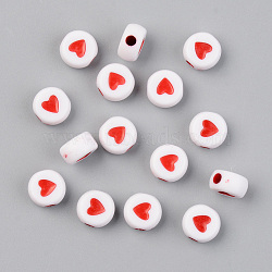 Opaque Acrylic Beads, Flat Round with Heart, Red, 7x4mm, Hole: 1.8mm, 380pcs/50g(X-ACRP-T004-02A)