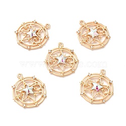 Faceted Glass Pendants, with Light Gold Plated Alloy Findings, Flat Round with Star, Clear AB, 29.5x26x5mm, Hole: 1.6mm(FIND-G028-01B-KCG)