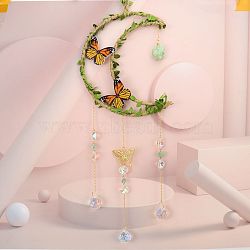 Leaf Butterfly Hemp Rope Wrapped Moon & Natural Green Aventurine Nuggets Hanging Ornaments, Glass Teardrop Tassel Suncatchers for Home Outdoor Decoration, 500mm(PW-WG47156-01)