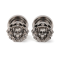 304 Stainless Steel & Alloy Ear Plugs Gauges, Screw Tunnel Ear Expander for Men and Women, Skull, Antique Silver, 12x14.5mm(AJEW-B029-02)