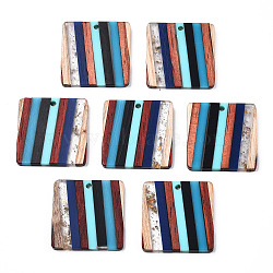 Resin & Walnut Wood Pendants, with Gold Foil, Square Charms, Cyan, 28x28x3.5mm, Hole: 2mm(RESI-N039-15)
