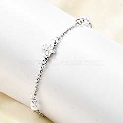 304 Stainless Steel Butterfly Link Bracelets, Cable Chain Jewelry for Women, with Plastic Imitation Pearl Beads, Stainless Steel Color, 7-5/8 inch(19.5cm)(BJEW-C098-01C-P)