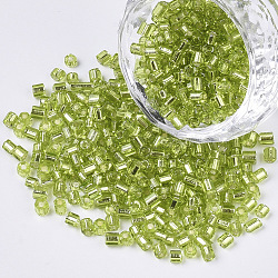 6/0 Glass Bugle Beads, Silver Lined, Yellow Green, 3.5~5x3.5~4mm, Hole: 1mm, about 4500pcs/bag(SEED-S032-04B-03)