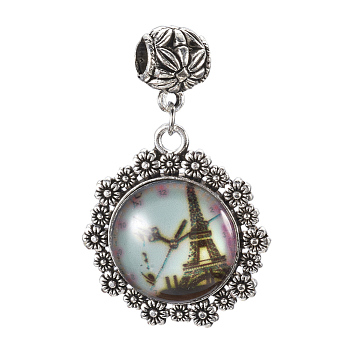 Alloy European Dangle Charms, Large Hole Pendants, with Glass, Half Round with Eiffel Tower and Clock, Antique Silver, 47~48mm, Hole: 5mm, Pendant: 33~33.5x30.5x7~7.5mm