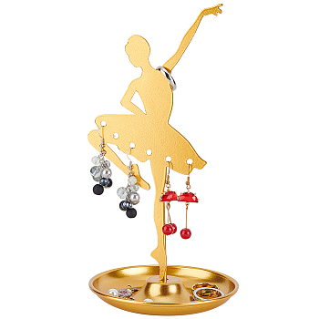 Dancer Iron Earring Display Stands with Round Tray, Earring Organizer Holder Ornament, Golden, 10.8x10.8x21.5cm