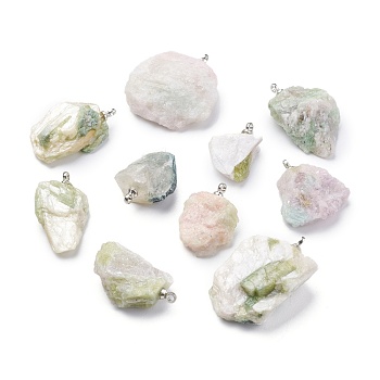 Natural Green Tourmaline Pendants, Rough Raw Stone, with Brass Loop, Grade AAA, Long-Lasting Plated, Nuggets, Platinum, 19~29.5x12.5~23x5.3~9.5mm, Hole: 1.6mm