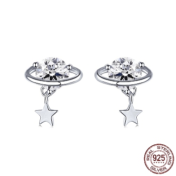 Rhodium Plated 925 Sterling Silver Micro Pave Cubic Zirconia Ear Studs for Women, Star Dangle Earrings with S925 Stamp, Real Platinum Plated, 9x8.5mm