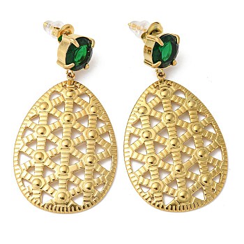 Ion Plating(IP) 304 Stainless Steel Teardrop Dangle Stud Earrings, with Green Glass, Real 18K Gold Plated, 51x27mm