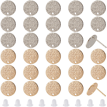 40Pcs 2 Colors Hammered Brass Stud Earring Findings, Flat Round, Nickel Free, Real Gold Plated & Real Platinum Plated, 10mm, Hole: 1mm, Pin: 0.6mm, 20pcs/color