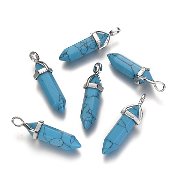 Dyed Synthetic Turquoise Pointed Pendants, with Platinum Tone Random Alloy Pendant Hexagon Bead Cap Bails, Bullet, 36~40x12mm, Hole: 3x4mm, Gemstone: 8mm in diameter