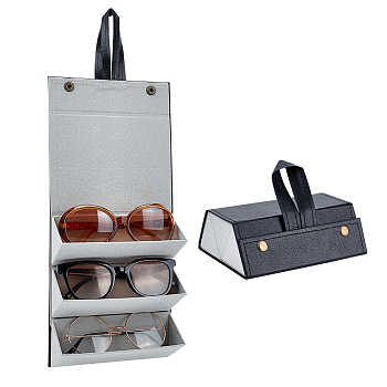 PU Leather Trapezoid Multiple Glasses Case, 3 Slots Travel Sunglasses Organizer Holder, Black, 162x125x60mm