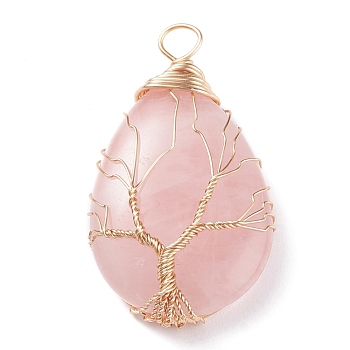 Natural Rose Quartz Charms, with Brass Findings, Teardrop, 46~48.5x25~26x11~12mm, Hole: 4~5.5mm