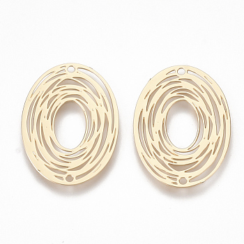 Brass Links connectors, Etched Metal Embellishments, Oval, Light Gold, 23x17x0.3mm, Hole: 1.2mm
