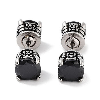 316 Surgical Stainless Steel Pave Black Cubic Zirconia Ear False Plugs for Women Men, Antique Silver, 7x7mm