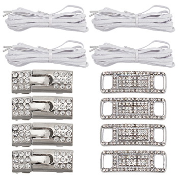 Rectangle Brass & Zinc Alloy Rhinestone Shoe Buckle Clips, with Polyester Cord Shoelaces, Platinum, 10x30x2.5mm, Hole: 4x6mm