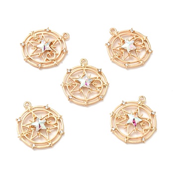 Faceted Glass Pendants, with Light Gold Plated Alloy Findings, Flat Round with Star, Clear AB, 29.5x26x5mm, Hole: 1.6mm