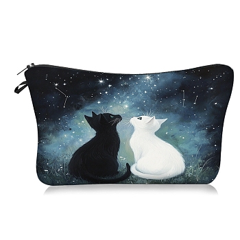 Polyester Cute Black & White Cat Under the Stars Printed Cosmetic Zipper Cluthch Bags, Portable Travel Cute Kitten Makeup Bags, Rectangle, Light Blue, 13.5x21cm