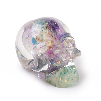 Natural Fluorite Skull Beads, Halloween Transparent Resin Skull with Gold Foil, No Hole, Thistle, 23x22x25mm