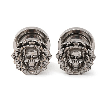 304 Stainless Steel & Alloy Ear Plugs Gauges, Screw Tunnel Ear Expander for Men and Women, Skull, Antique Silver, 12x14.5mm