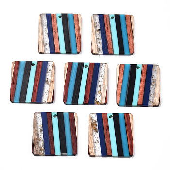 Resin & Walnut Wood Pendants, with Gold Foil, Square Charms, Cyan, 28x28x3.5mm, Hole: 2mm