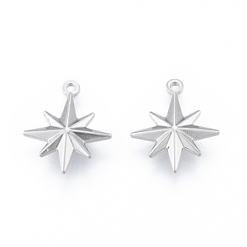 304 Stainless Steel Pendants, Star, Stainless Steel Color, 21x17x4mm, Hole: 1.6mm
