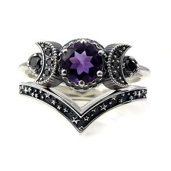 Gothic Purple Crystal Ring with Triple Moon Goddess - Black Diamond Jewelry for Women, Purple, eleventh