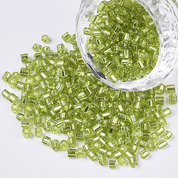 6/0 Glass Bugle Beads, Silver Lined, Yellow Green, 3.5~5x3.5~4mm, Hole: 1mm, about 4500pcs/bag