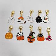 Halloween Alloy Enamel Pendant Locking Stitch Markers, Zinc Alloy Lobster Claw Clasps Stitch Marker, Pumpkin/Ghost/Witch Hat, Mixed Color, 3.5~4.6cm, 10 style, 1pc/style, 10pcs/set(HJEW-AB00062)