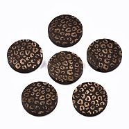 Painted Natural Wood Beads, Laser Engraved Pattern, Flat Round with Leopard Print, Coconut Brown, 20x5mm, Hole: 1.5mm(WOOD-T021-49B-07)